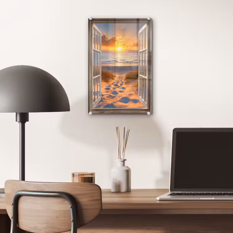 Glas schilderij - Doorkijk - Strand - Duinen - Zonsondergang — 7