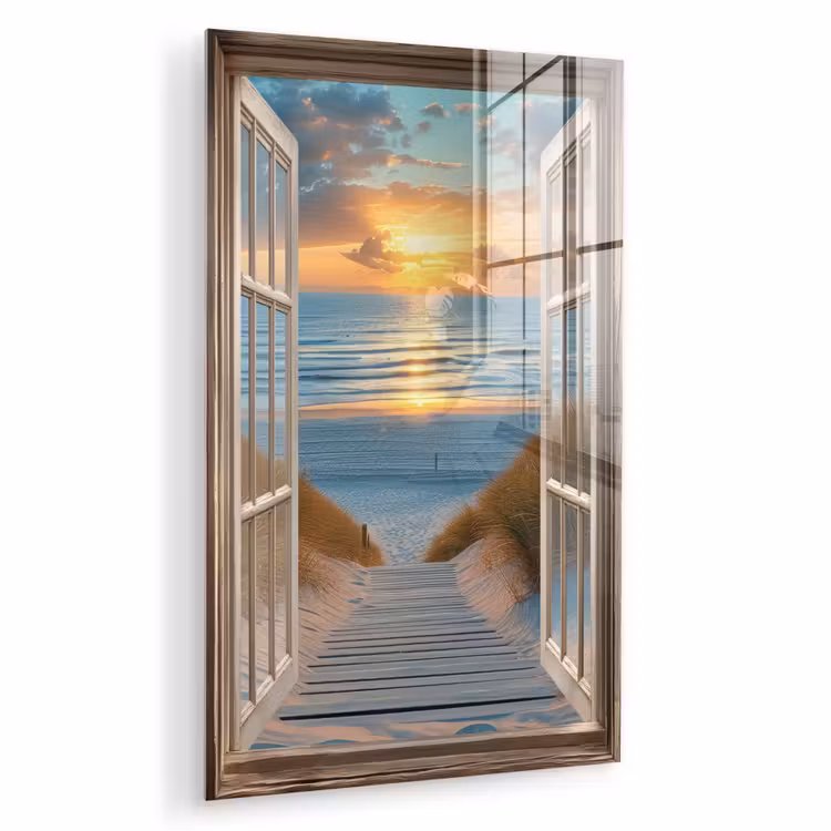 Glas schilderij - Doorkijk - Strand - Pad - Zonsondergang — 1
