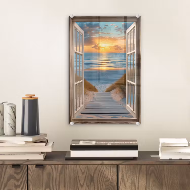 Glas schilderij - Doorkijk - Strand - Pad - Zonsondergang — 2