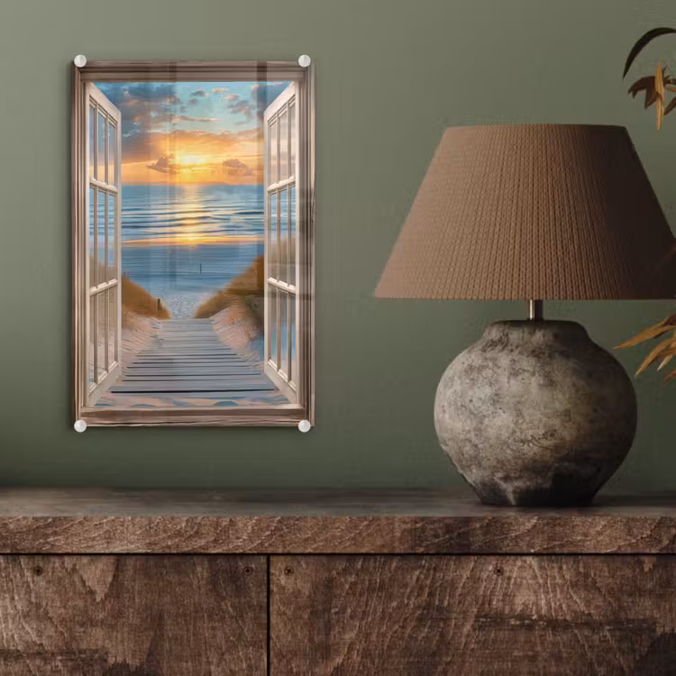 Glas schilderij - Doorkijk - Strand - Pad - Zonsondergang — 4