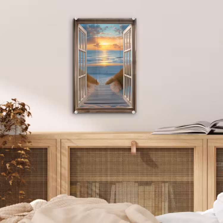 Glas schilderij - Doorkijk - Strand - Pad - Zonsondergang — 5