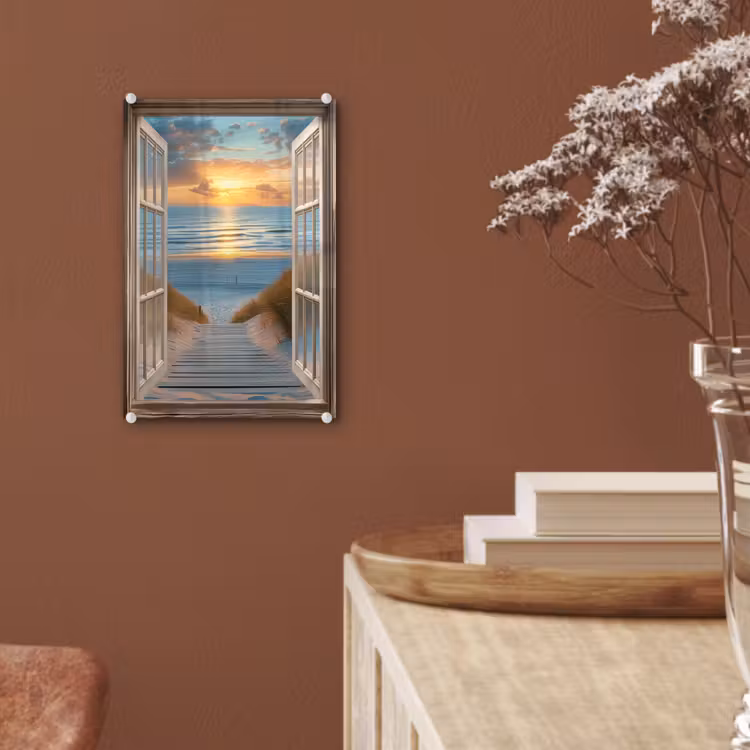 Glas schilderij - Doorkijk - Strand - Pad - Zonsondergang — 6