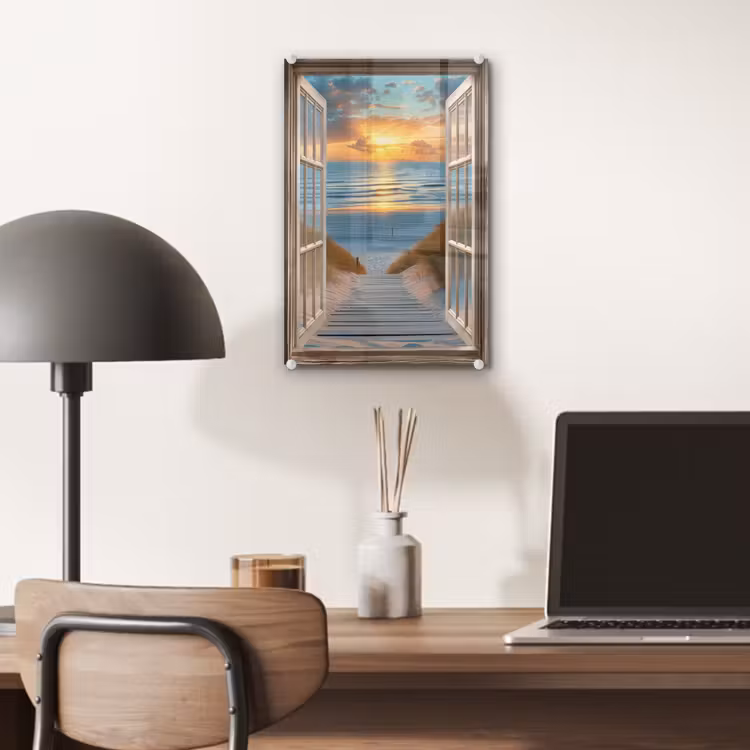Glas schilderij - Doorkijk - Strand - Pad - Zonsondergang — 7