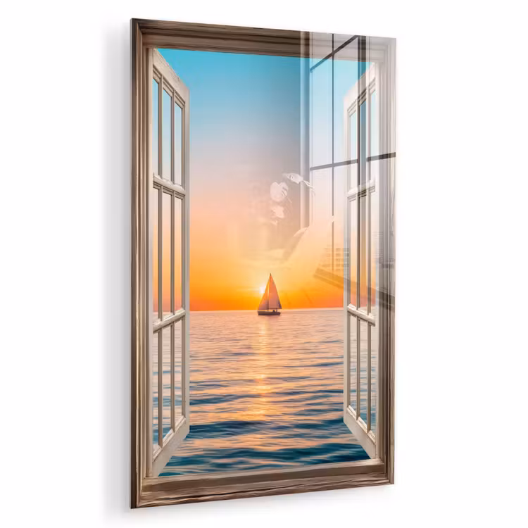 Glas schilderij - Doorkijk - Zee - Boot - Zonsondergang — 1