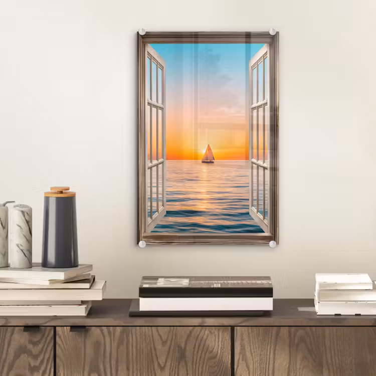 Glas schilderij - Doorkijk - Zee - Boot - Zonsondergang — 2