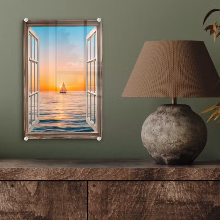 Glas schilderij - Doorkijk - Zee - Boot - Zonsondergang — 4