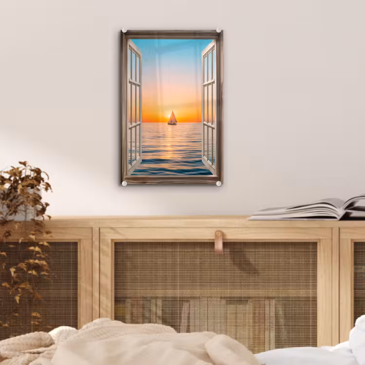 Glas schilderij - Doorkijk - Zee - Boot - Zonsondergang — 5