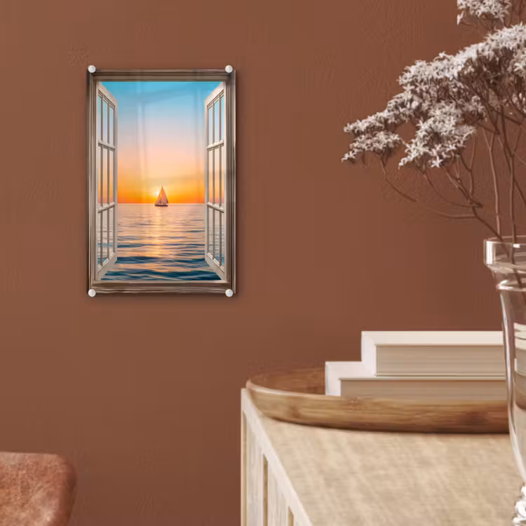 Glas schilderij - Doorkijk - Zee - Boot - Zonsondergang — 6