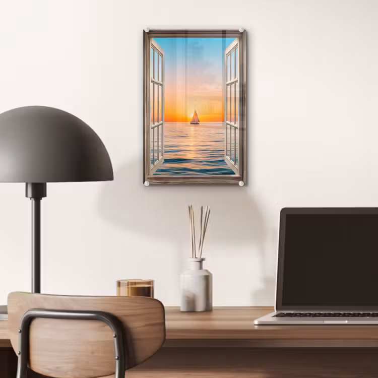 Glas schilderij - Doorkijk - Zee - Boot - Zonsondergang — 7