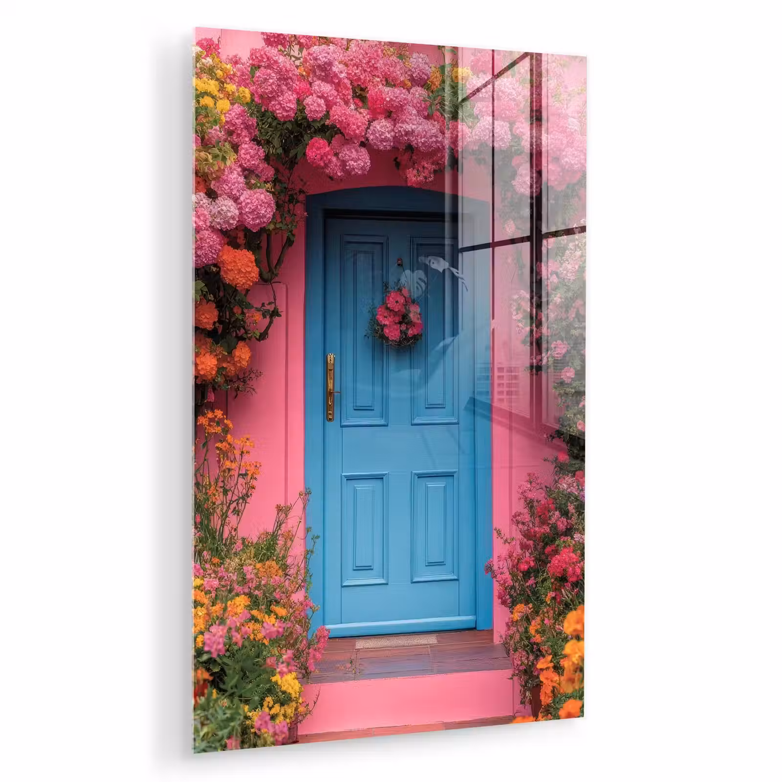 Glas schilderij - Bloemen - Deur - Roze — 1
