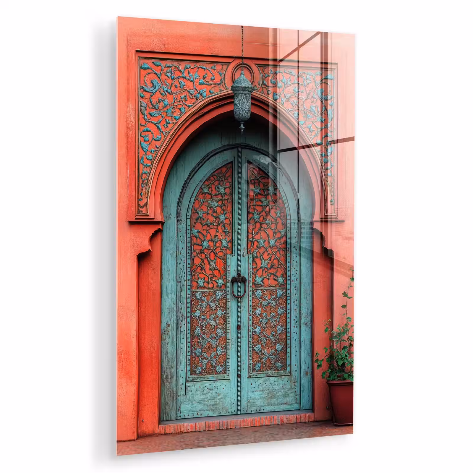 Glas schilderij - Lantaarn - Deur - Turquoise — 1