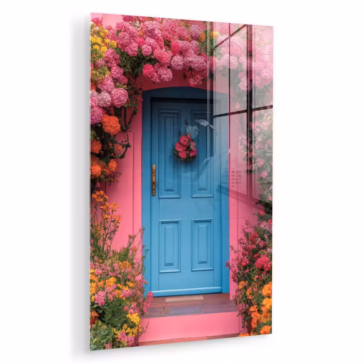 Glas schilderij - Bloemen - Deur - Roze — 1