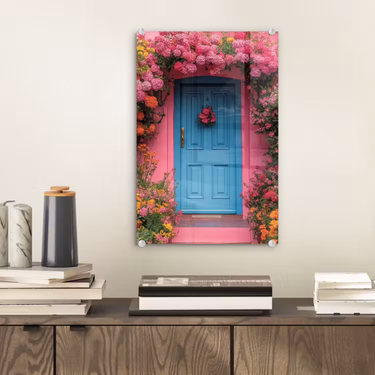 Glas schilderij - Bloemen - Deur - Roze — 2