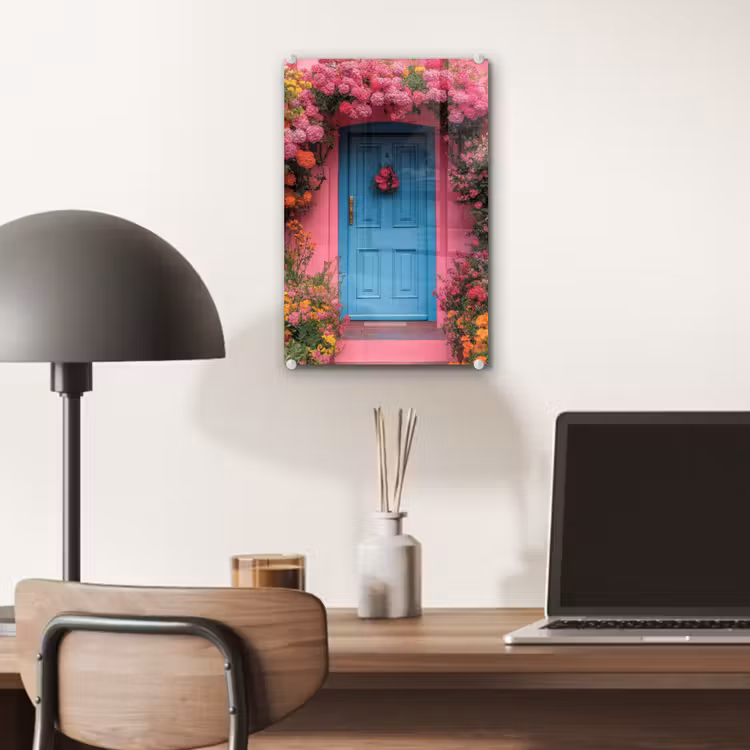 Glas schilderij - Bloemen - Deur - Roze — 7
