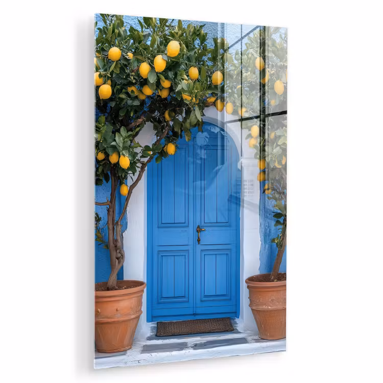 Glas schilderij - Citroenbomen - Geel - Deur - Potten — 1