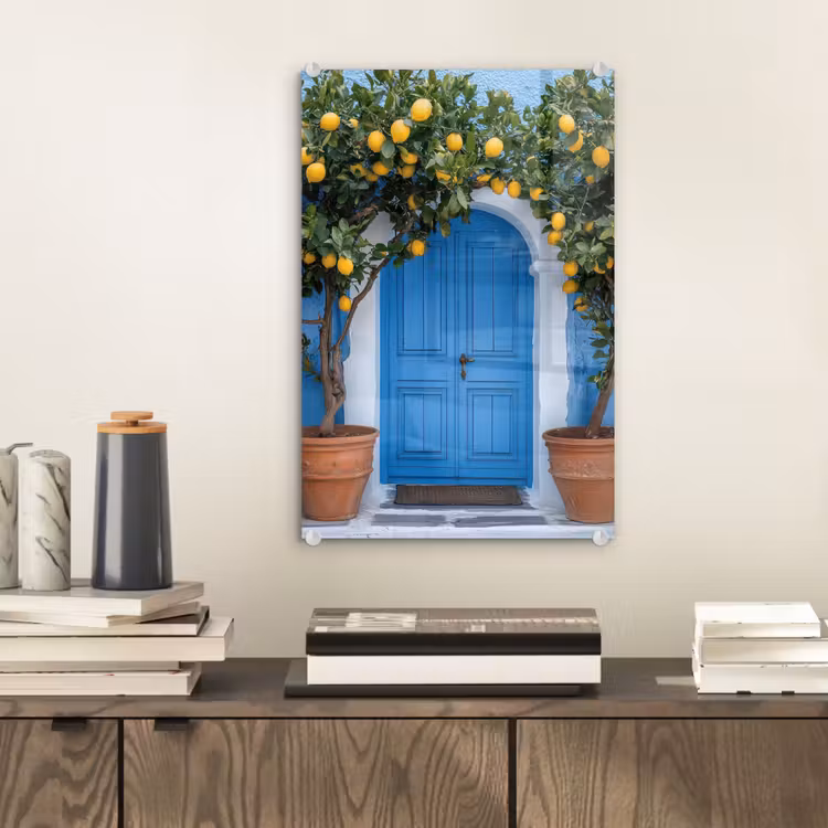 Glas schilderij - Citroenbomen - Geel - Deur - Potten — 2