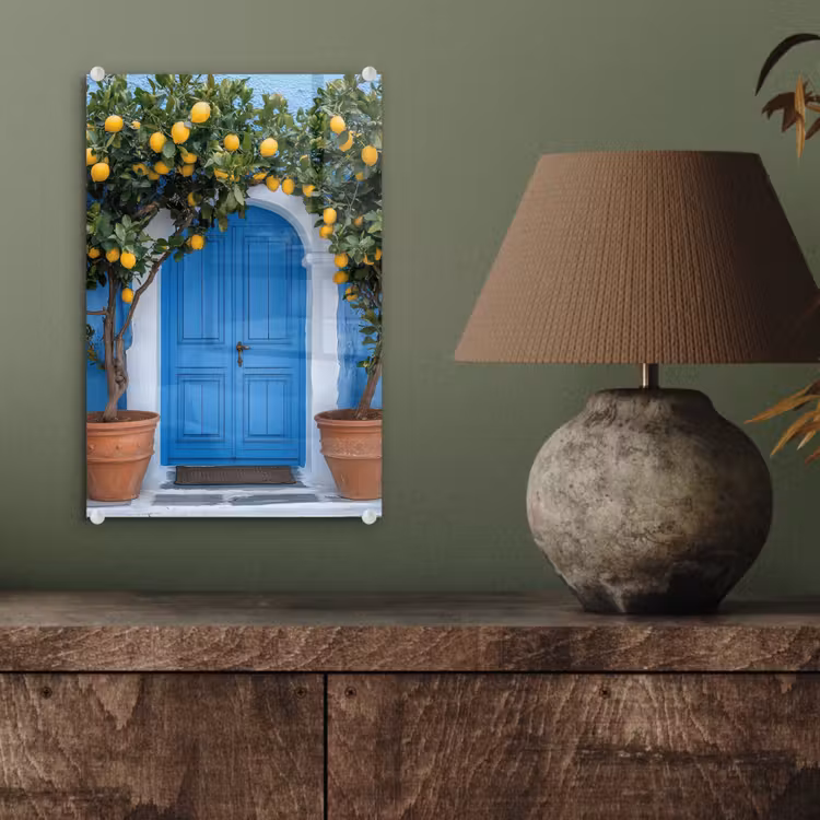 Glas schilderij - Citroenbomen - Geel - Deur - Potten — 4