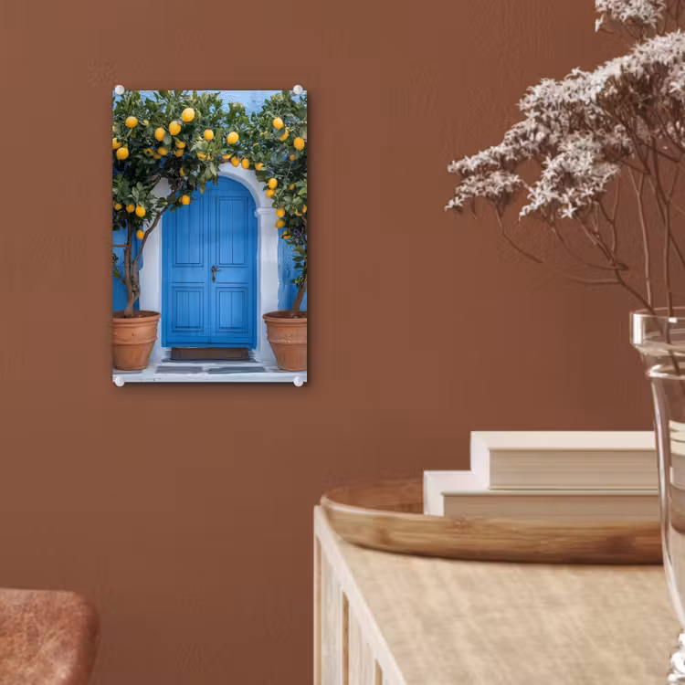 Glas schilderij - Citroenbomen - Geel - Deur - Potten — 6
