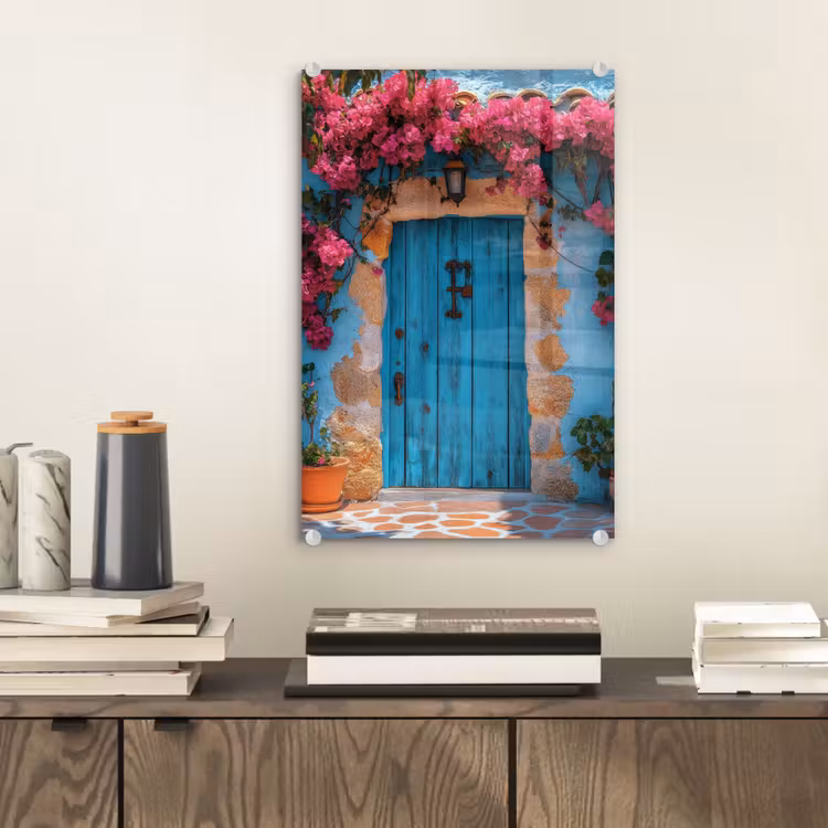 Glas schilderij - Deur - Hout - Bloemen - Blauw — 2