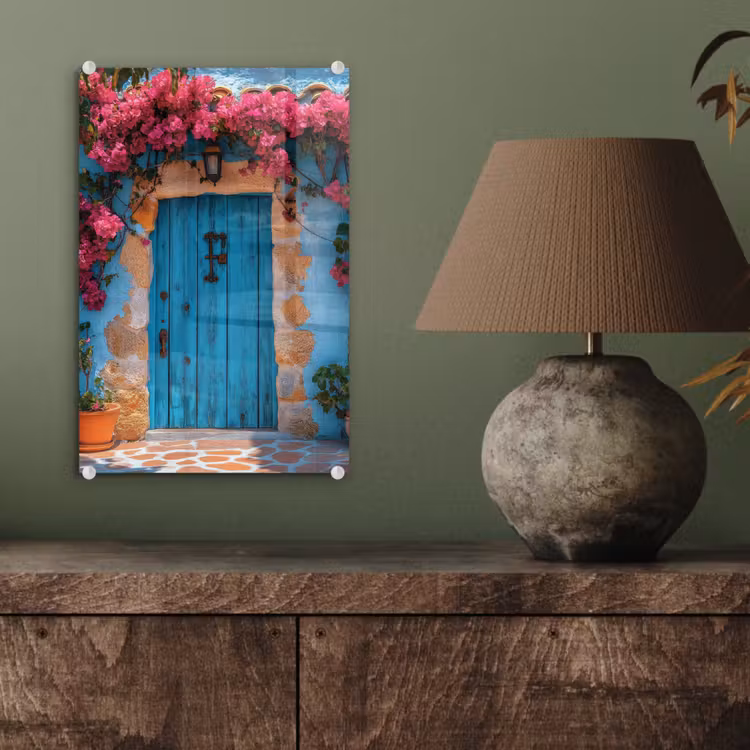Glas schilderij - Deur - Hout - Bloemen - Blauw — 4