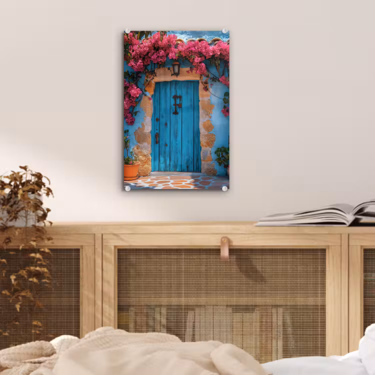 Glas schilderij - Deur - Hout - Bloemen - Blauw — 5