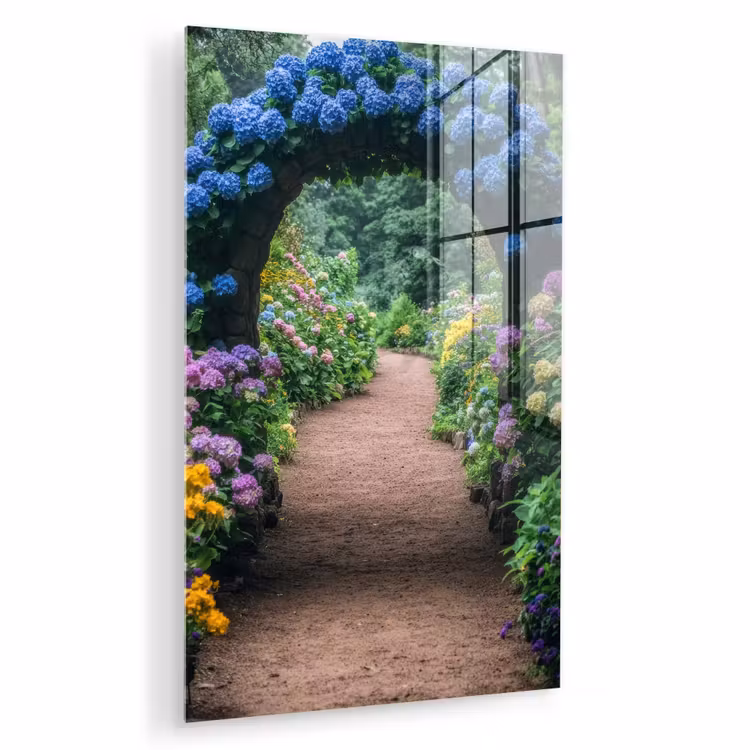 Glas schilderij - Doorkijk - Bloemen - Hortensia - Pad — 1