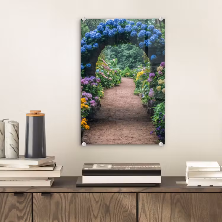 Glas schilderij - Doorkijk - Bloemen - Hortensia - Pad — 2