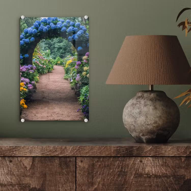 Glas schilderij - Doorkijk - Bloemen - Hortensia - Pad — 4