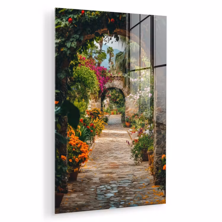Glas schilderij - Doorkijk - Bloemen - Poort - Stenen — 1