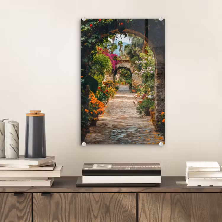Glas schilderij - Doorkijk - Bloemen - Poort - Stenen — 2