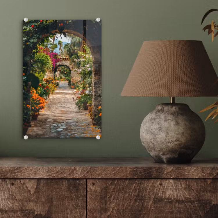 Glas schilderij - Doorkijk - Bloemen - Poort - Stenen — 4