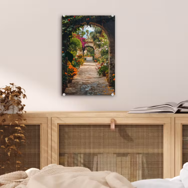 Glas schilderij - Doorkijk - Bloemen - Poort - Stenen — 5