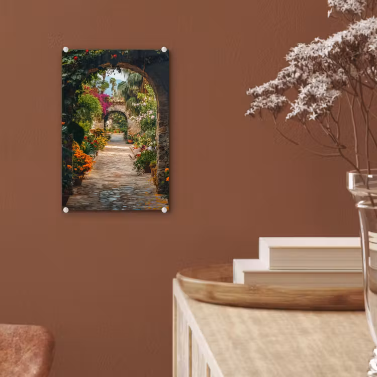 Glas schilderij - Doorkijk - Bloemen - Poort - Stenen — 6