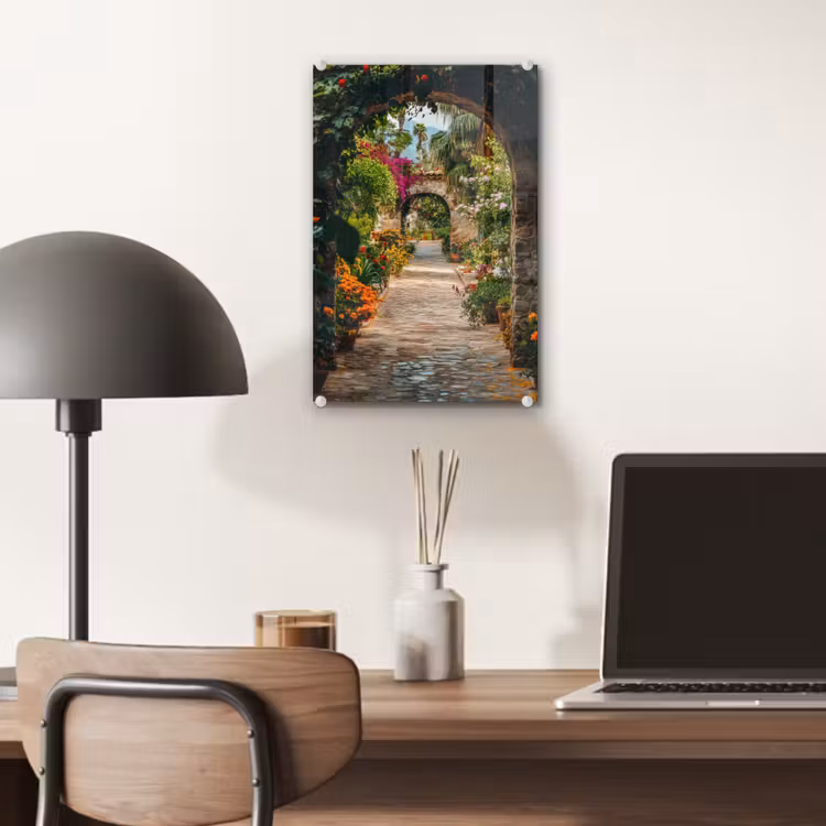 Glas schilderij - Doorkijk - Bloemen - Poort - Stenen — 7