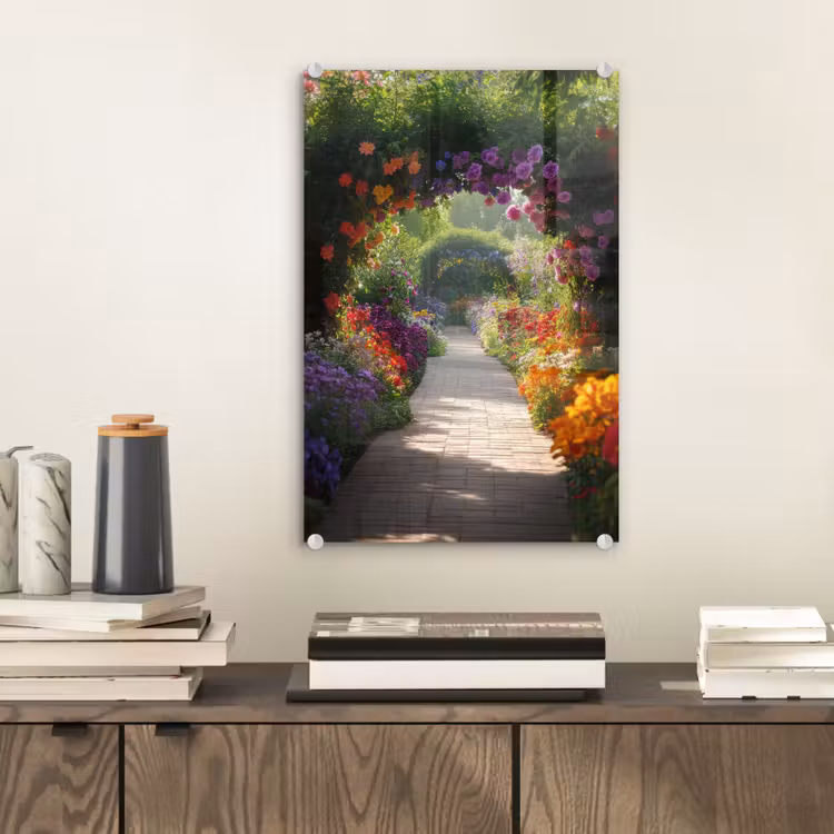 Glas schilderij - Doorkijk - Pad - Bloemen - Struik - Kleurrijk — 2