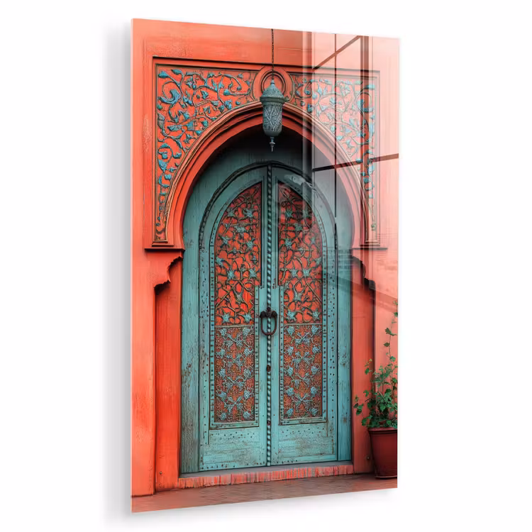 Glas schilderij - Lantaarn - Deur - Turquoise — 1