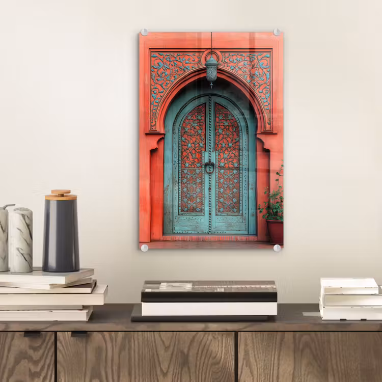 Glas schilderij - Lantaarn - Deur - Turquoise — 2