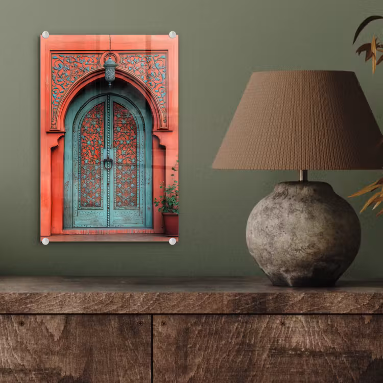 Glas schilderij - Lantaarn - Deur - Turquoise — 4