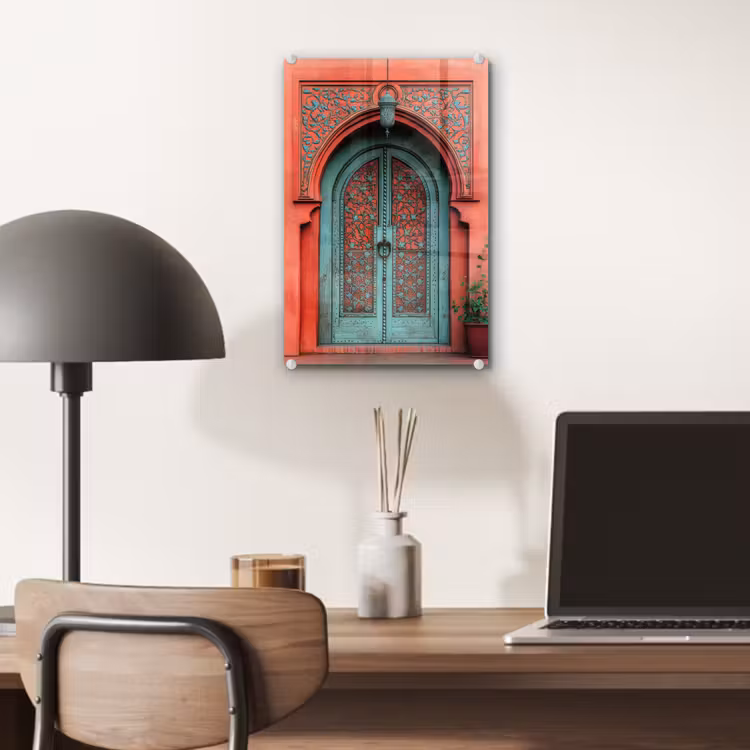 Glas schilderij - Lantaarn - Deur - Turquoise — 7
