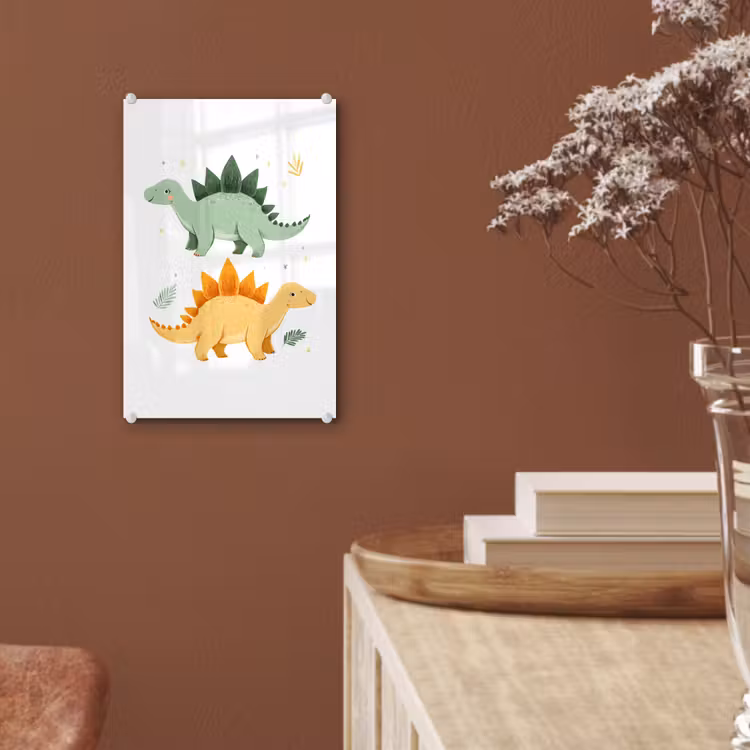 Glas schilderij - Sterren - Stegosaurussen - Blaadjes - Groen — 6