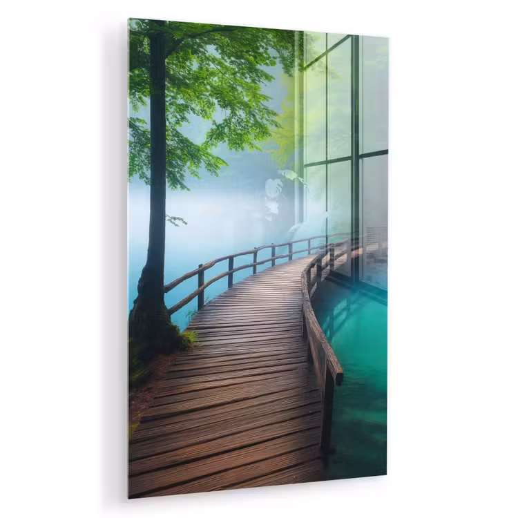 Glas schilderij - Brug - Water - Rivier - Bos — 1