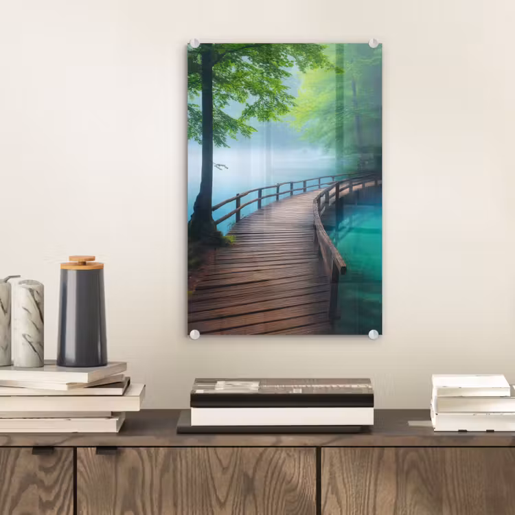 Glas schilderij - Brug - Water - Rivier - Bos — 2
