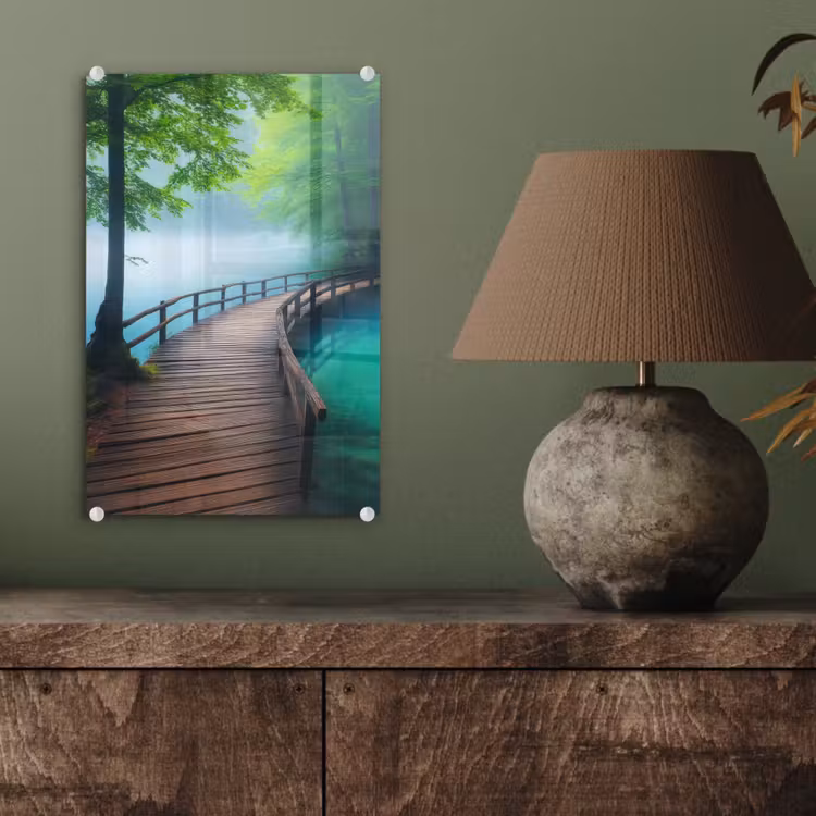 Glas schilderij - Brug - Water - Rivier - Bos — 4