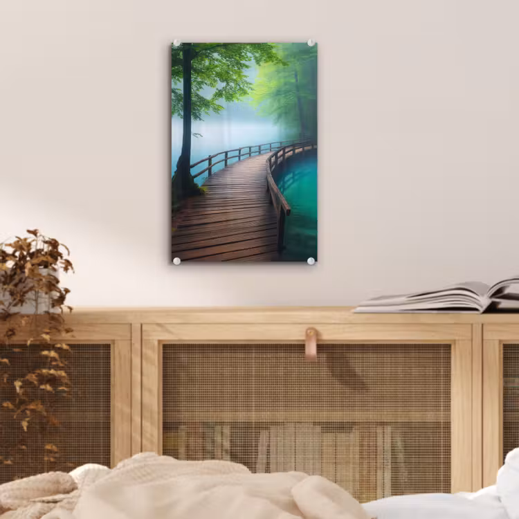 Glas schilderij - Brug - Water - Rivier - Bos — 5