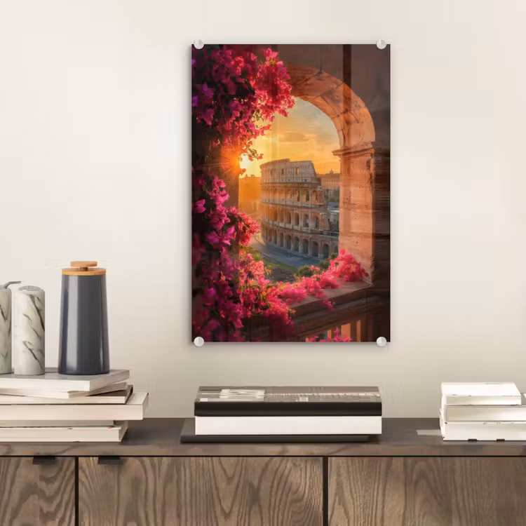 Glas schilderij - Colosseum - Rome - Roze Bloemen — 2
