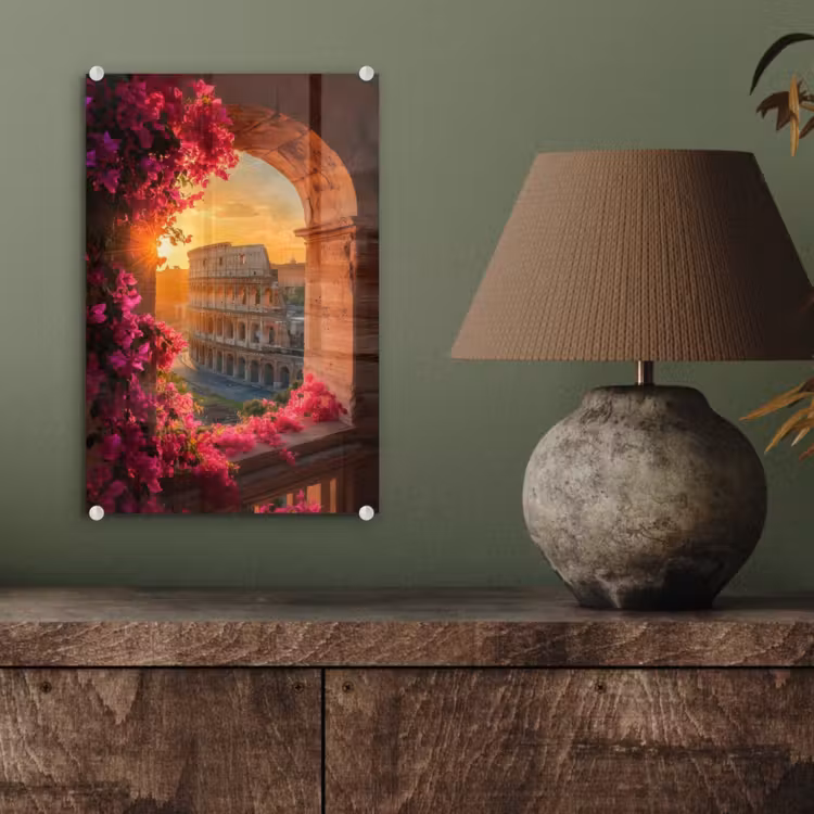 Glas schilderij - Colosseum - Rome - Roze Bloemen — 4