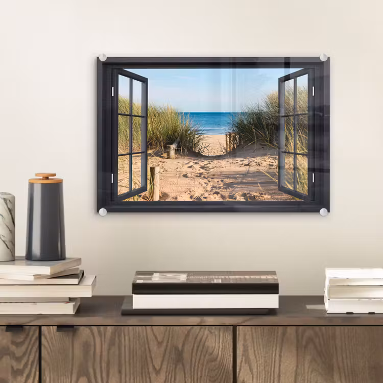 Glas schilderij - Doorkijk - Strand - Zee - Zand - Water - Helmgras - Duinen — 2