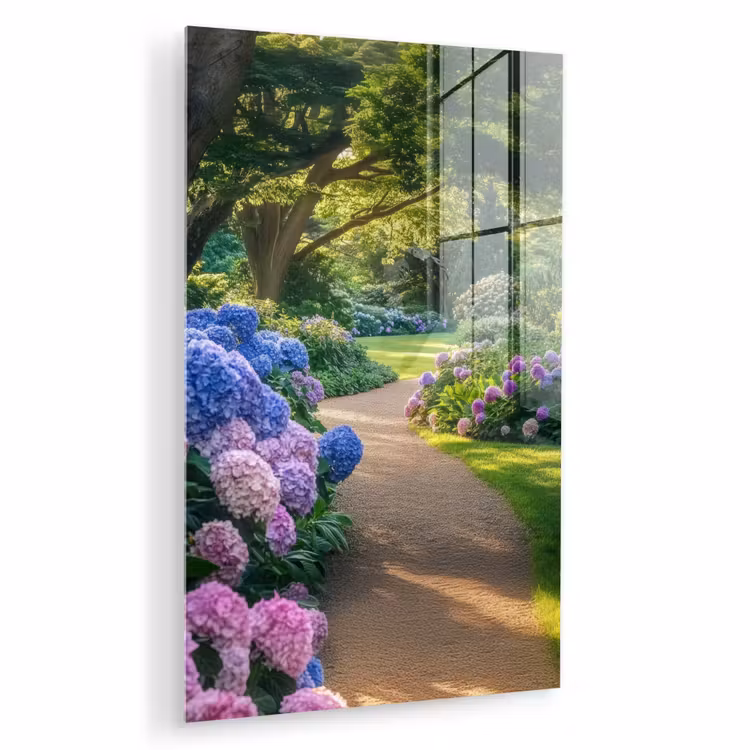 Glas schilderij - Hortensia- Park - Pad — 1
