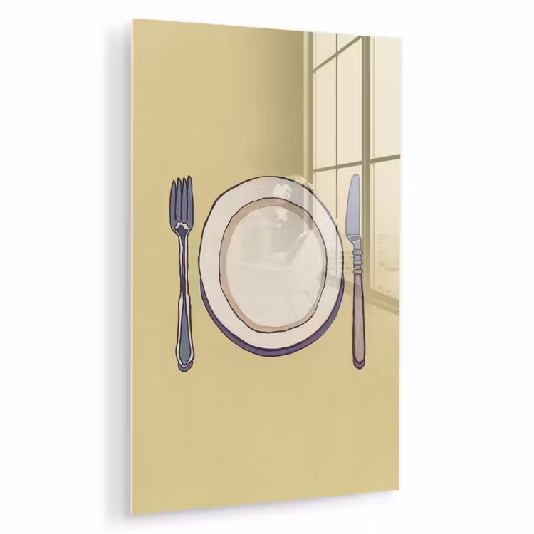 Glas schilderij - Illustratie - Bord - Bestek - Beige — 1
