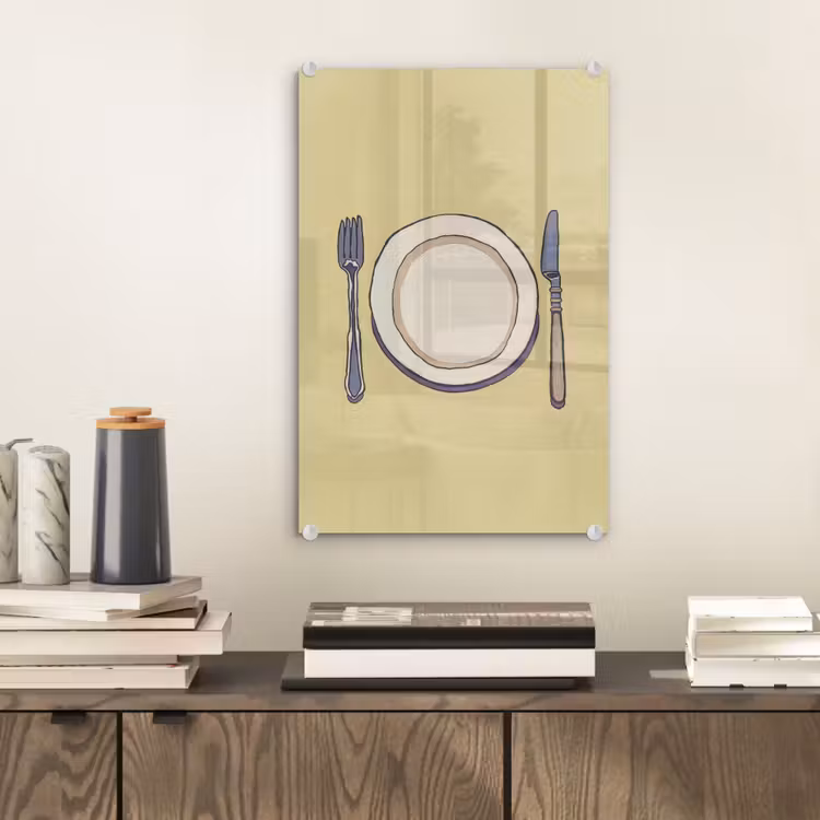 Glas schilderij - Illustratie - Bord - Bestek - Beige — 2